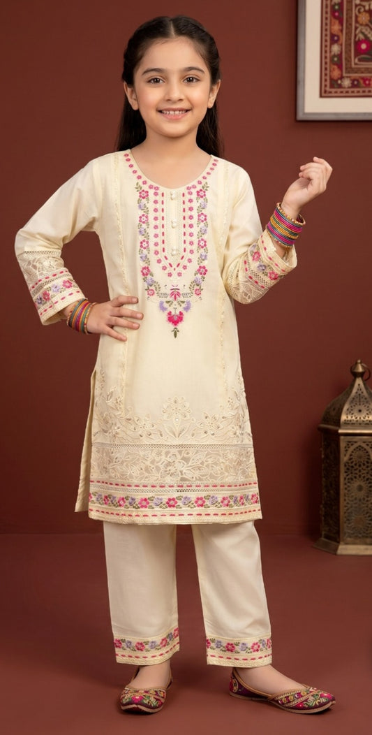IN483123 Girls Cotton Embroidered Suit stitched 3 piece
