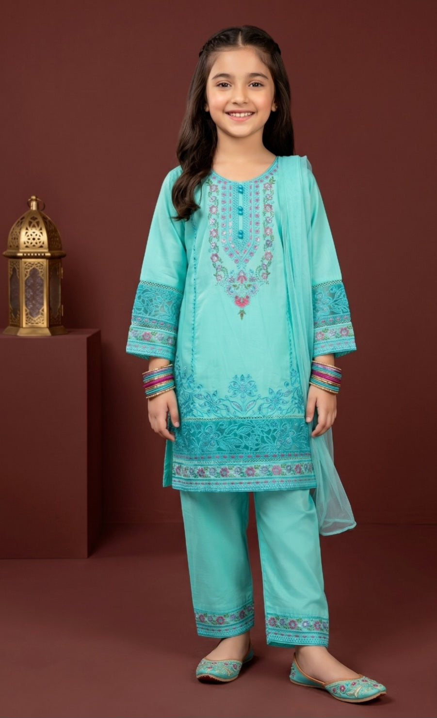 IN483123 Girls Cotton Embroidered Suit stitched 3 piece