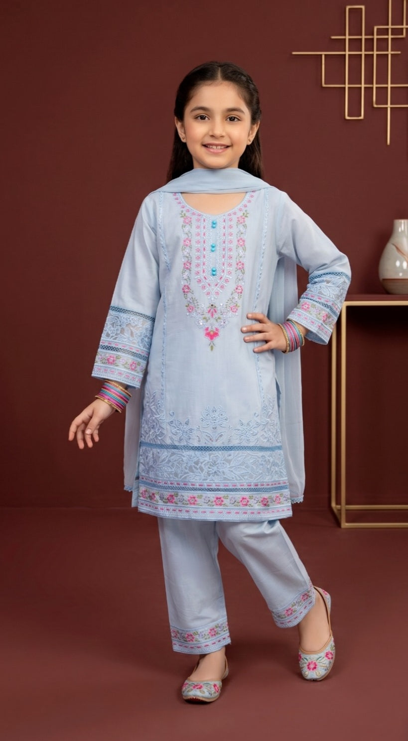 IN483123 Girls Cotton Embroidered Suit stitched 3 piece