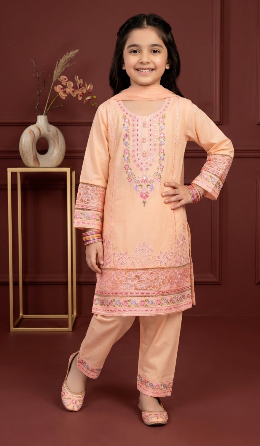 IN483123 Girls Cotton Embroidered Suit stitched 3 piece