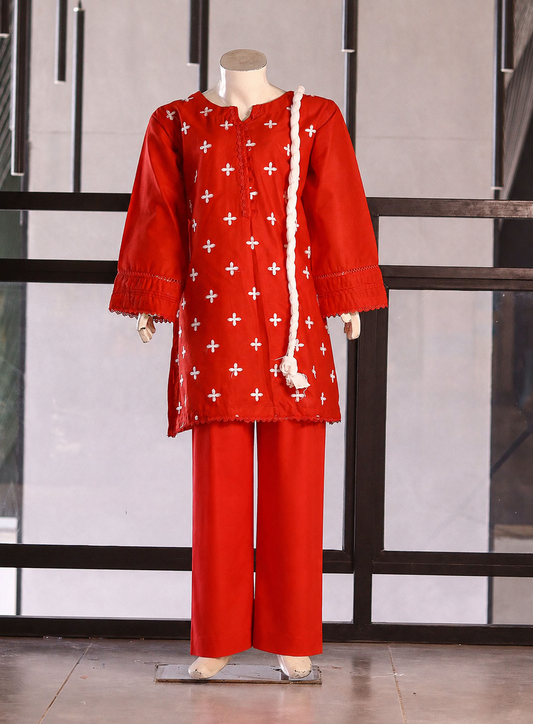 AR025913 Girls Cotton Embroidered Suits Stitched 3 Piece with Same Trouser