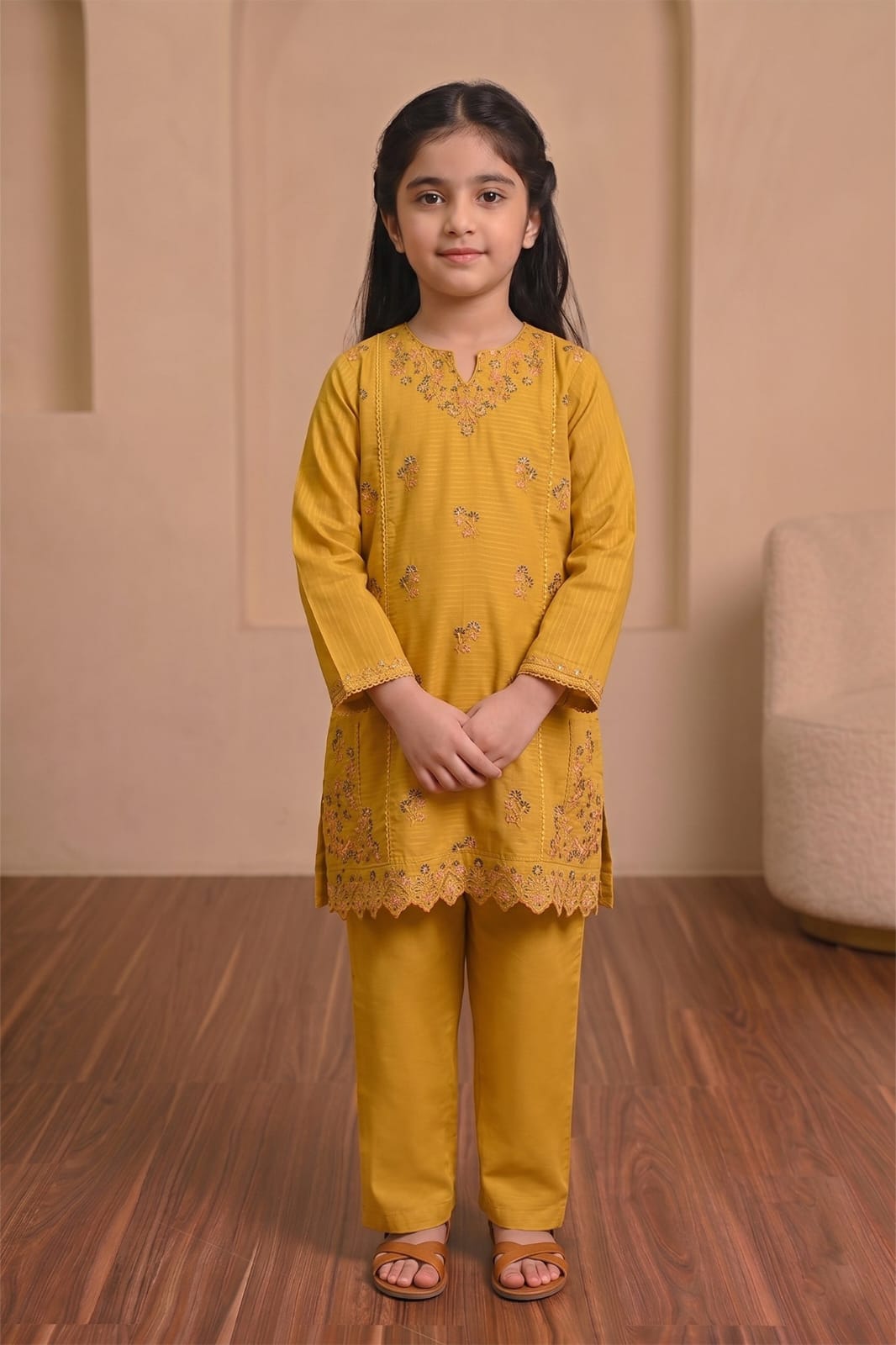 AR027413 Girls Cotton Embroidered Suits Stitched 3 Piece