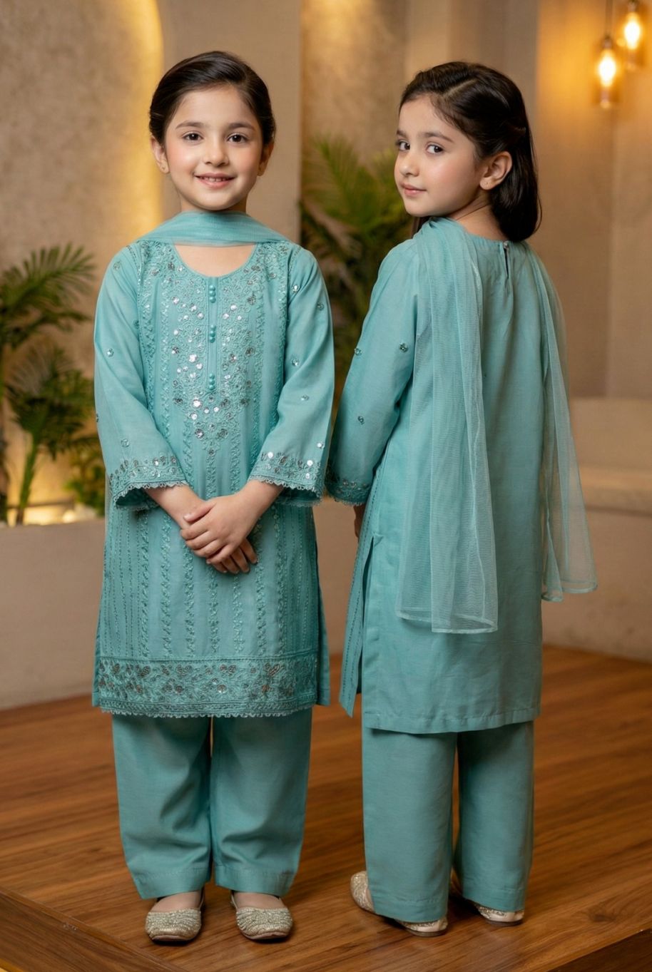 IN461513 Girls Cotton Embroidered Suit 3pc