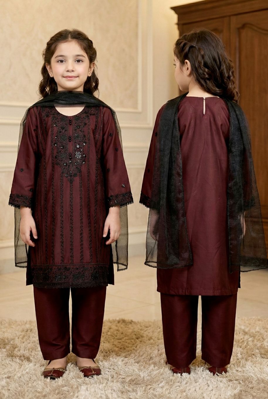 IN461513 Girls Cotton Embroidered Suit 3pc